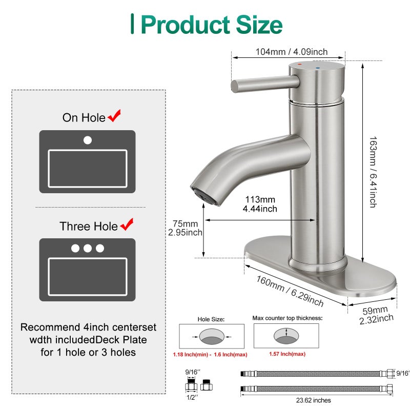 VOTON Bathroom Faucet Brushed Nickel One-Handle, Modern one Hole Bathroom Sink Faucet Lavatory Faucet with Deck - Image 5